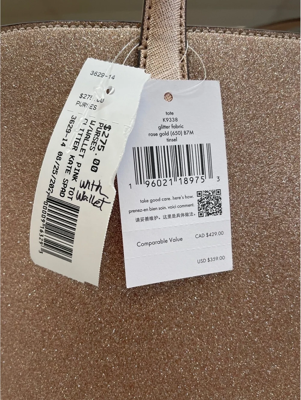 Kate Spade New York Rose Gold Glitter Tote Bag and Wallet Set